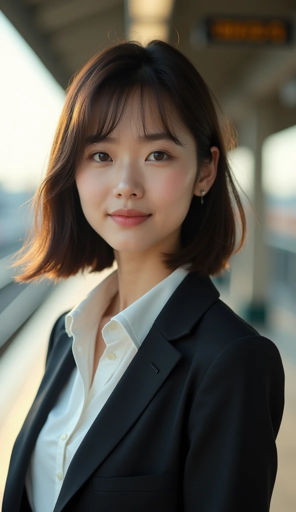 Tabletop, Highest quality, Realistic, Very detailed, finely, High resolution, 8k wallpaper, Cinema Lighting、1 person、Beautiful Japanese Women、30 years old、light brown straight bob hair, Wear a business suit, (Blurred Background、Station platform、noon、Light of the sun)、Sharp focus, Perfect dynamic composition, Narrow eyes:1.5, finelyて美しい目, Thin Hair, Detailed and Realistic skin texture, (Smile:1.3), (Tilt your head), Close-up portrait, Model body type