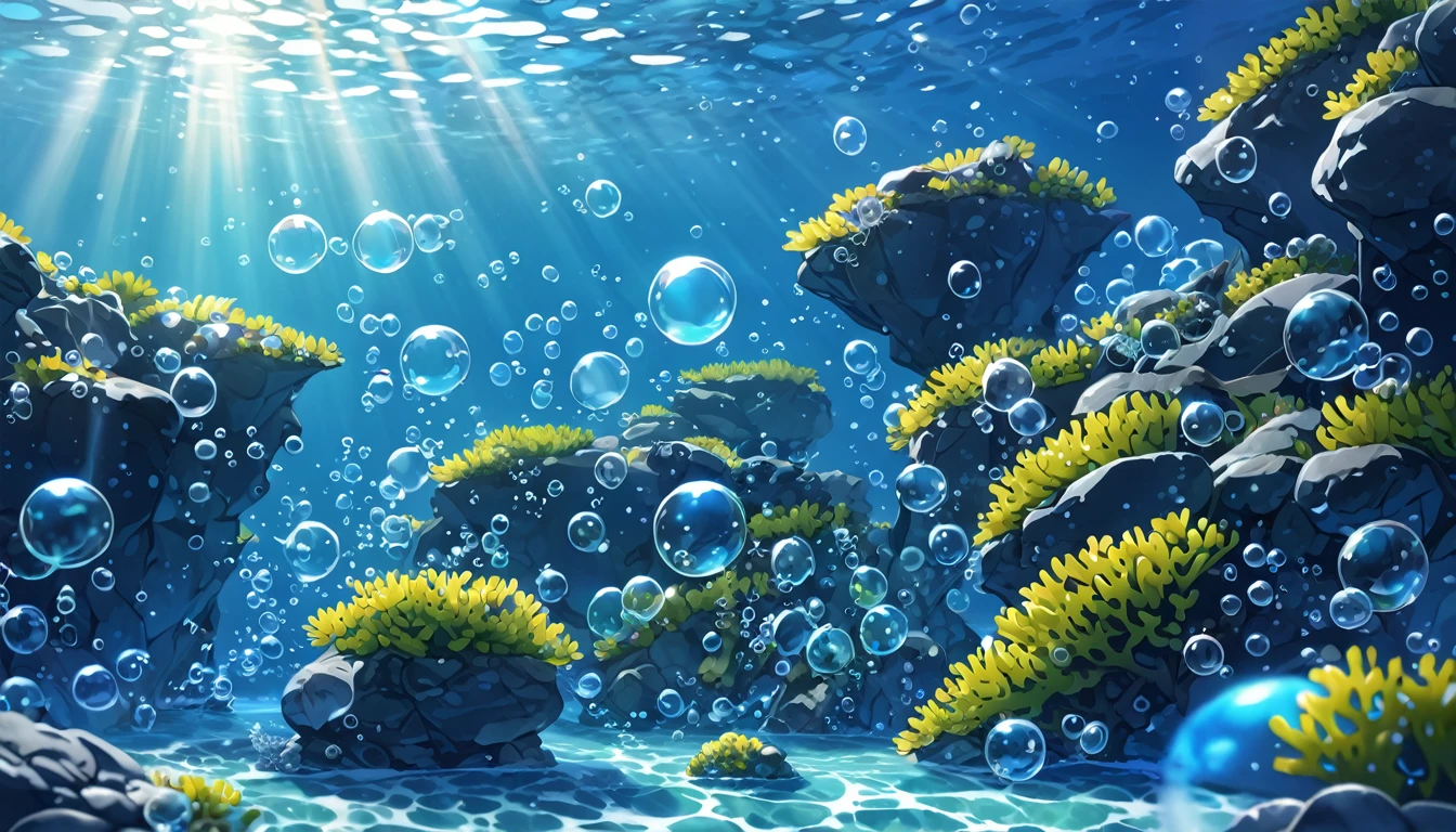 Background, blue theme, bubbles, seaweed, rocks, high details, high quality, HD, retina