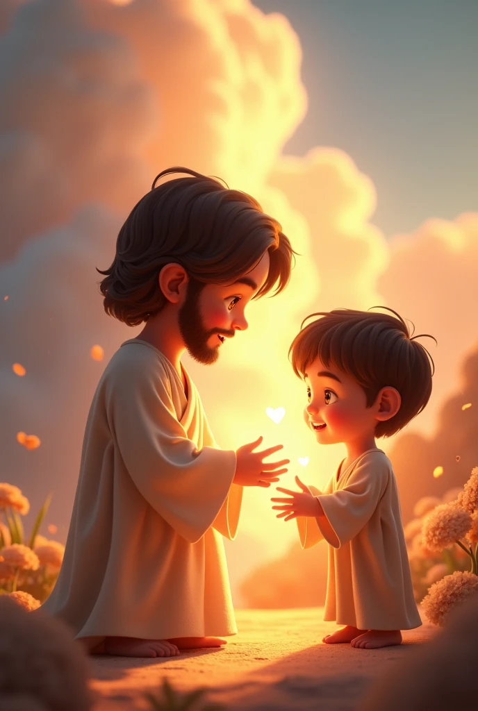 A 3D movie poster in Disney-Pixar style of Jesus as a   and out of nowhere a light came from heaven and the hands of Jesus, which were holding the boy's ankle, lit up and began to heal the boy's ankle. 