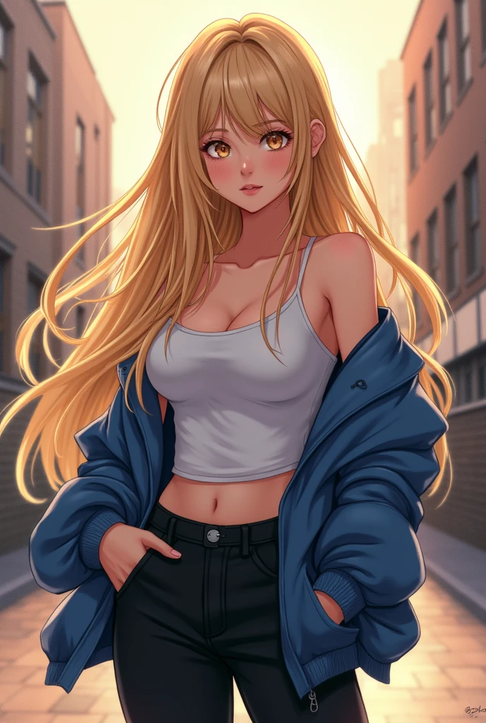 anime oc, woman with long, loose golden hair, honey-colored eyes, black pants, white tank top and blue jacket