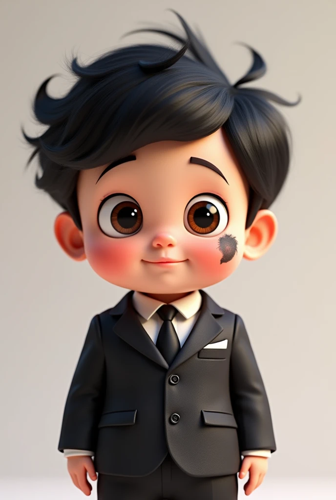 Image of a wearing a suit, a black spot on the left cheek, wavy black hair, Pixar 3D