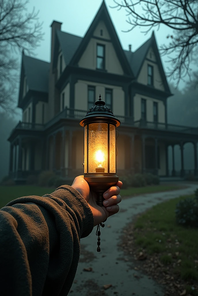 abandoned mansion, FIRST PERSON POINT of an arm holding a lamp in its hand 