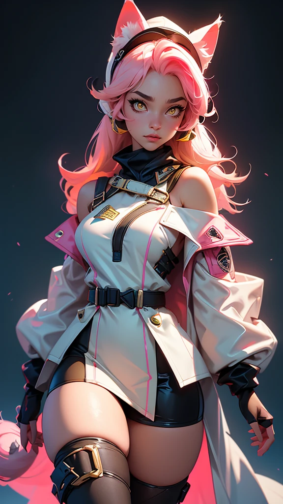 envision a 8k, highres, cinematic, beautiful close up portrait of a curvy woman named Raora Panthera with white animal ears, tail, yellow eyes, pink hair, goggles, hat, open jacket, off shoulder, thigh straps, thighhighs, against a dark background