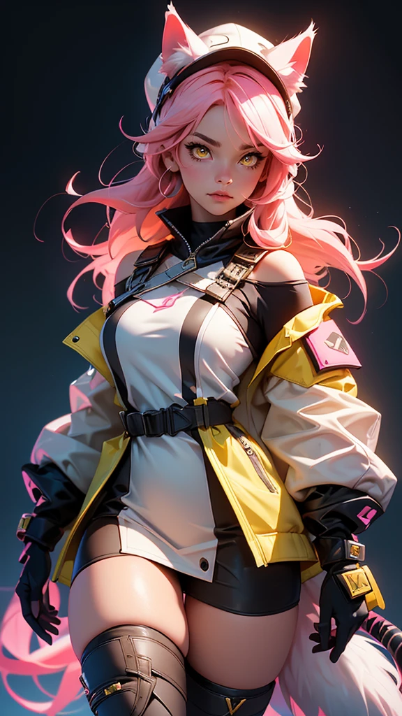 envision a 8k, highres, cinematic, beautiful close up portrait of a curvy woman named Raora Panthera with white animal ears, tail, yellow eyes, pink hair, goggles, hat, open jacket, off shoulder, thigh straps, thighhighs, against a dark background