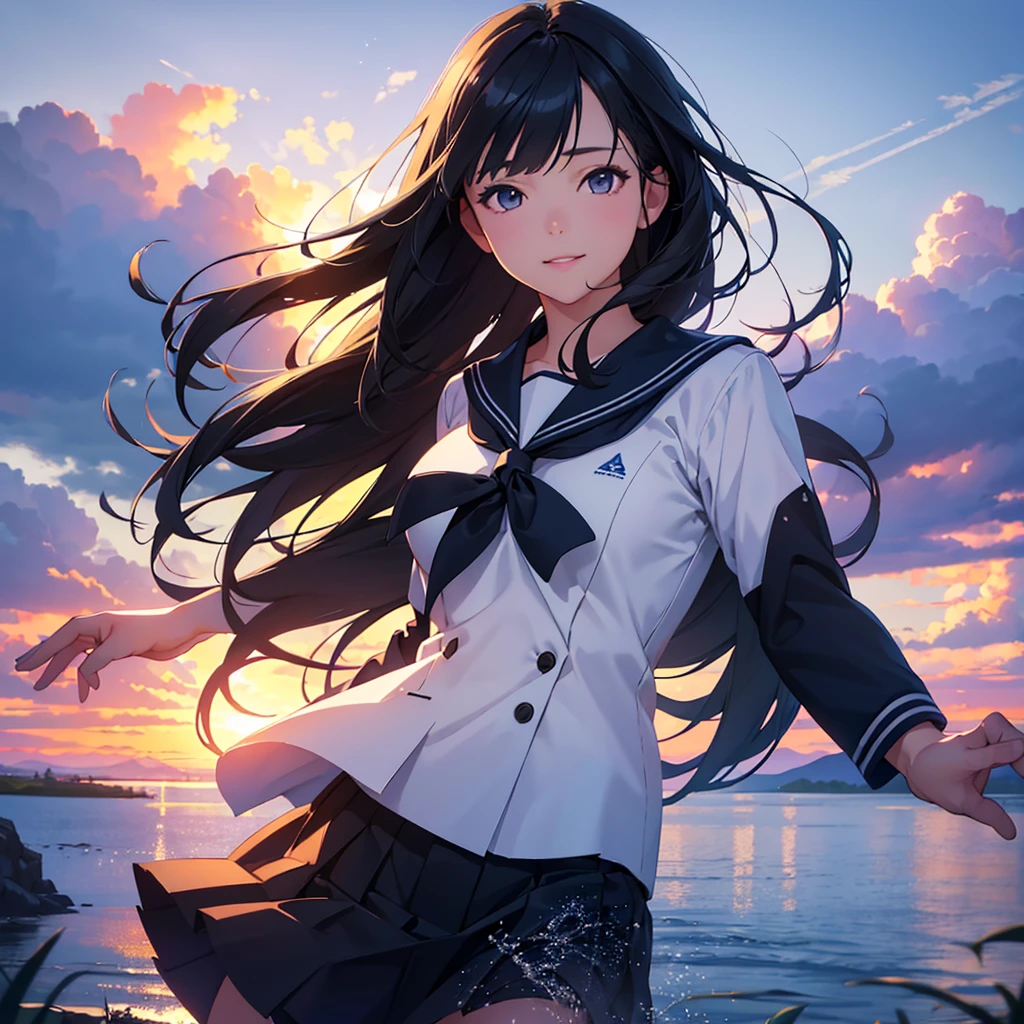 1girl, beautiful young girl, sailor suit, pleated skirt, long black hair, smiling, dynamic pose, rural scenic landscape, blue sky, cumulonimbus clouds, (best quality,4k,8k,highres,masterpiece:1.2),ultra-detailed,(realistic,photorealistic,photo-realistic:1.37),HDR,UHD,studio lighting,ultra-fine painting,sharp focus,physically-based rendering,extreme detail description,professional,vivid colors,bokeh,landscape