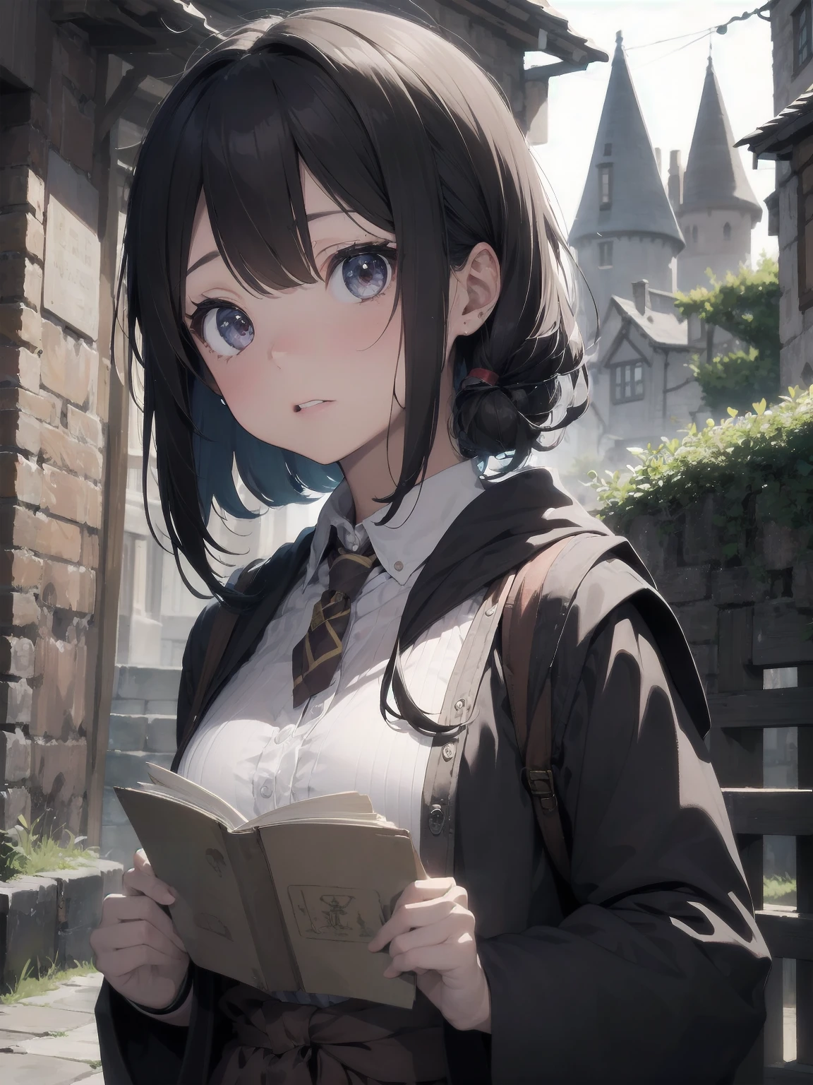 Masterpiece, Top Quality, Absurd, High Resolution, Subject Seismic, Animation Style Illustration with Mock Pause, 1 Girl, Solo, Cute random hairstyle, beautiful random expression and face, random age, slender, random clothing for situation,wizard robes, wand, magical castle, owl, spell book, (Hogwarts: 1.2), magic, wonder, (Harry Potter inspired: 1.3), mysterious atmosphere, details