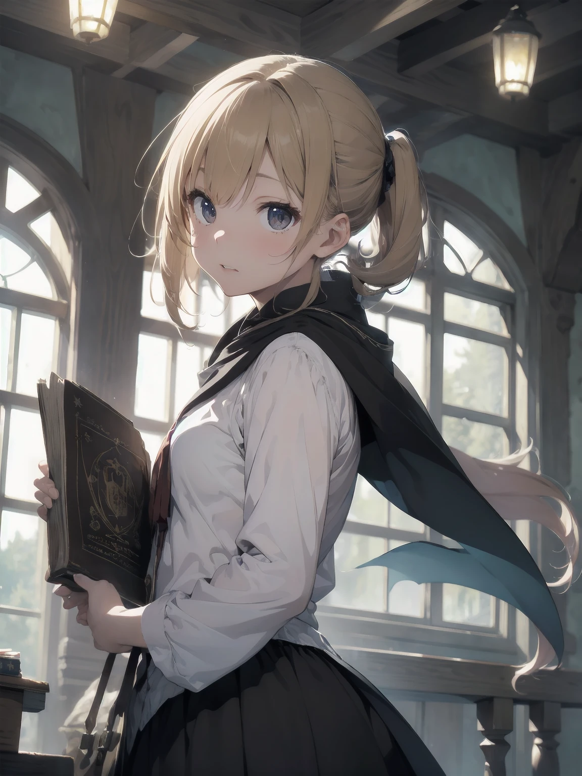 Masterpiece, Top Quality, Absurd, High Resolution, Subject Seismic, Animation Style Illustration with Mock Pause, 1 Girl, Solo, Cute random hairstyle, beautiful random expression and face, random age, slender, random clothing for situation,wizard robes, wand, magical castle, owl, spell book, (Hogwarts: 1.2), magic, wonder, (Harry Potter inspired: 1.3), mysterious atmosphere, details