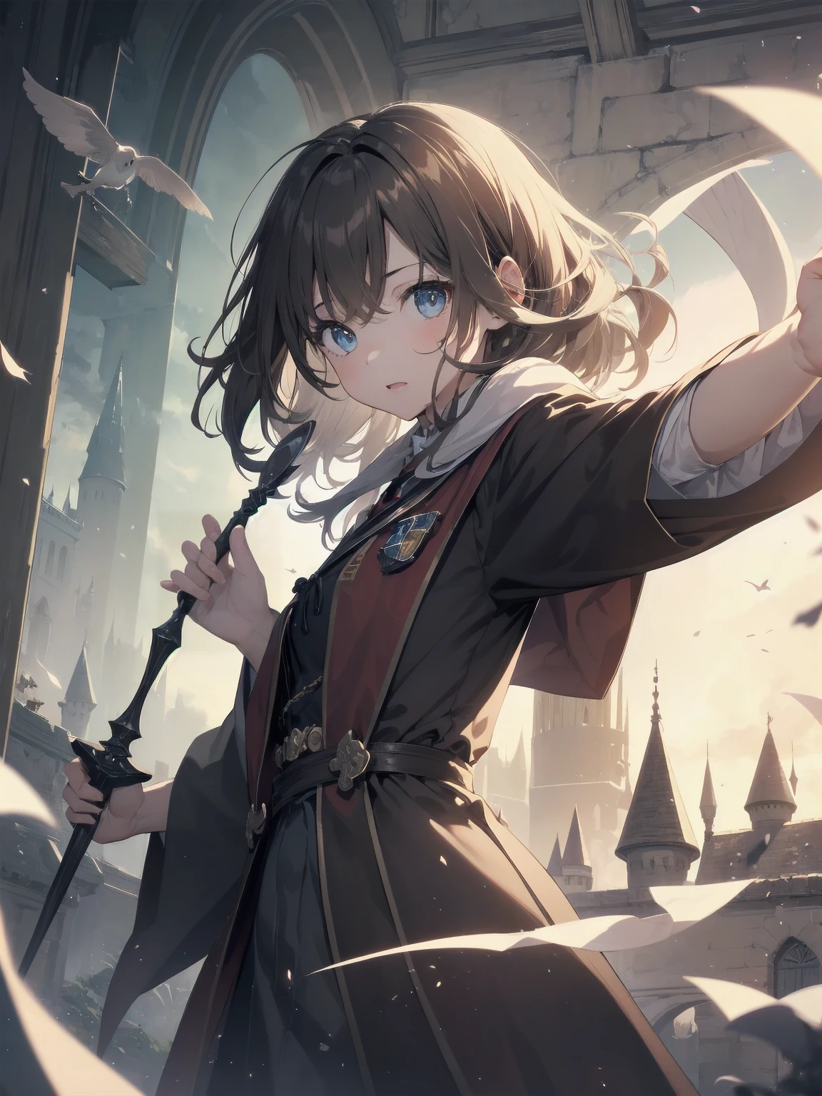 Masterpiece, Top Quality, Absurd, High Resolution, Subject Seismic, Animation Style Illustration with Mock Pause, 1 Girl, Solo, Cute random hairstyle, beautiful random expression and face, random age, slender, random clothing for situation,wizard robes, wand, magical castle, owl, spell book, (Hogwarts: 1.2), magic, wonder, (Harry Potter inspired: 1.3), mysterious atmosphere, details