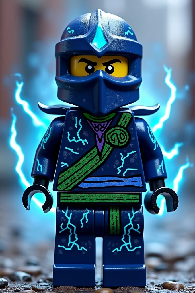 Créer moi un lego ninja go avec une puissance incroyable avec comme puissance élémentaire la foudre l’énergie la terre le feu l’eau la glace et une puissance de lumière. Les habits du ninja doit être en bleu vert noir et violet avec des reure en forme d’électricité avec un regard terrible sombre. Un ninja beaucoup trop puissant avec des pouvoirs extraordinaires
