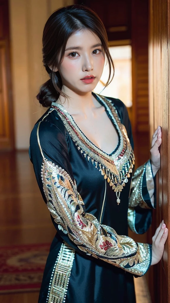 1 girl wearing shalwar kameez, beautiful detailed eyes, beautiful detailed lips, extremely detailed face, long eyelashes, traditional pakistani dress, colorful fabric, intricate embroidery, standing pose, warm lighting, golden hour, photorealistic, vibrant colors, cinematic, highly detailed, 8k, best quality