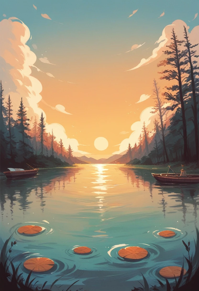 A photo of the Inle Lake in Myanmar. At the center of the lake, an old wooden boat is submerged in the water. The sky has a low, orange sun on the horizon. Extreme detail