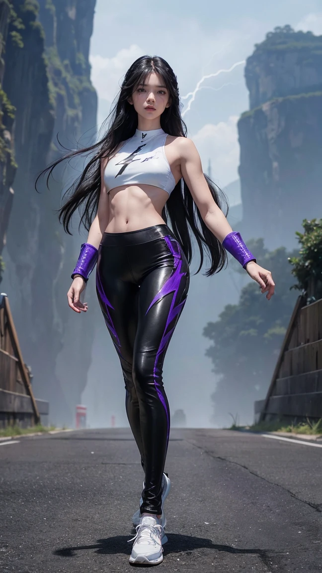 masterpiece, newest, absurdres, safe, masterpiece, newest, absurdres, safe, (purple. thunder tattoo:1.1), (lightning power:1.4), (full body shot:1.3), ( purple leather leggings:1.25), (purple leather sports bra:1.2), long straight hair, (battle stance:1.25), (mature women:1.2), masterpiece, (best quality), (extremely detailed eyes and face), extremely detailed cg unity 8k wallpaper, best quality, (perfect detail:1.2), 1 woman, (detailed:1.2), (realistic:1.2), (standing:1.1), (full body shot:1.2), (outdoors:1.1), (skinny:1.5), scenic view, (long legs:1.1), beautiful legs, young wife, (long black hair:1.2), long straight hair, (straight hair:1.3), sneakers, (put your hands behind your hips), (thunder tattoo:1.1), (lightning power:1.2), (white background:1.5), monotonous background, (empty-handed:1.1), scenic view, secret, (ruthless temperament:1.2), (empty-handed:1.3), english text, studio, studio Light, lever me naese (cruad), shoes, bodysuit, zzz screen, goggles on head, wrist guards, non-ferst (qu banb), racing, carrying, black hair, running, carrying underwater, triceps, biceps, heavily muscular, muscles, bulk bodybuilder, Grace Howard, Zenless Zone Zero