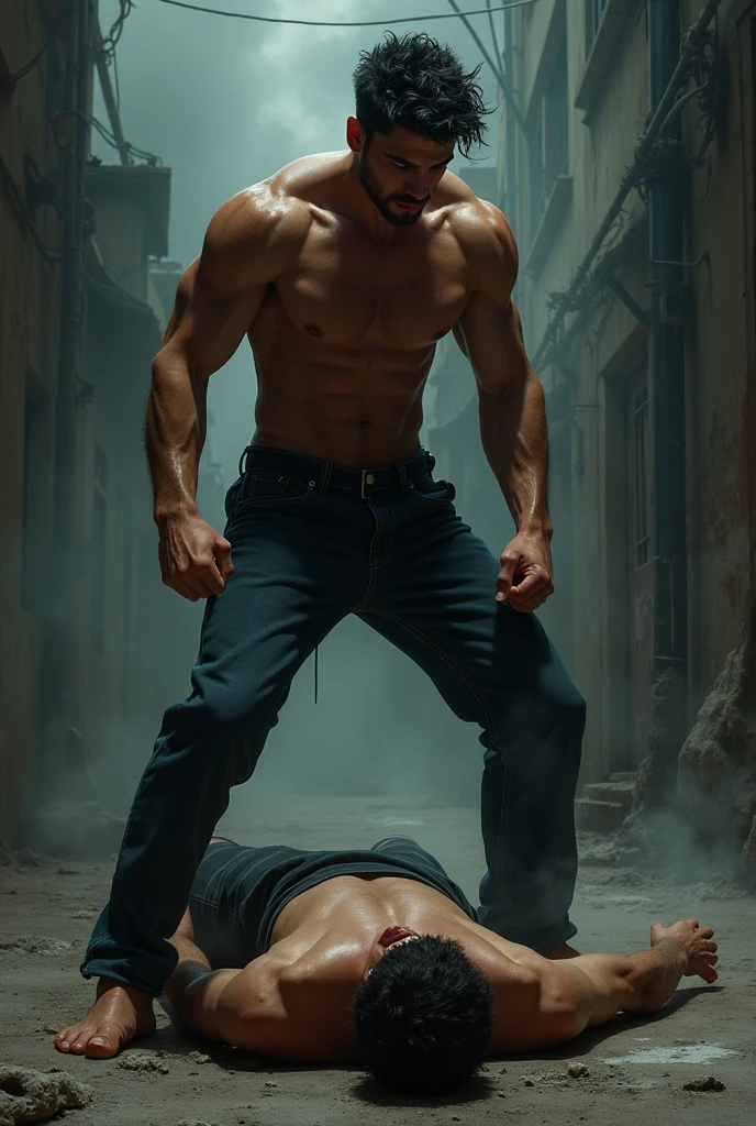 sexy guy is kicking another lying guy