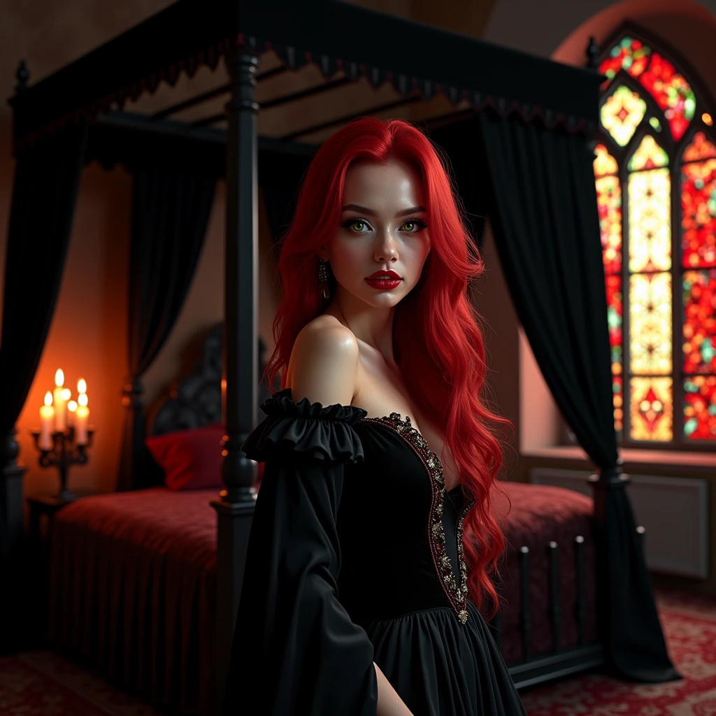 An extra wide angle on a big full room 16:9,(masterpiece Quality),(An ultra hot,1 female age 18),(random sexy, seducing poses),(full body:2.0),(nude),(realistic,fine detailed ultra-thick,long, bright,vibrant,blood red,shimmering:2.0 hair),(extra large,high contrast,vibrant,green:0.9, yellow:0.1 eyes),(extra long,thick,dark eyelashes),(blood red,plump lips),(stunning, pearl white teeth),(,beautiful eyes),(detailed hands,realistic long monsters claws on 5 fingers each hand:2.0),stunningbody,Big breasts, natural nipples,(glowing skin:1.2),(2 perfect legs:1.1),front view,(Look at me),a serious, direct gaze at the camera,(best quality,16k,highres,insanely detailed interior design of a vampire lair in dark gothic medieval style),(royal canopy four-poster bed, black-matte velvet drapes 16k),(1 stained glass window to the right,vibrant red:1.1,green:0.9 colored,detailed intricate patterns,architectural element,dark and mysterious atmosphere, night scene), flickering candlelight,medieval-style candelabrum,(rich, deep black, base color,stunning play of very, low light:1.6 and shadow,night:2.0),(all in wide room spectrum:2.0).#The entire setup is masterpiece 1:3 framed with the grandeur of royal,medieval gothic style, focus on entire room 16k#