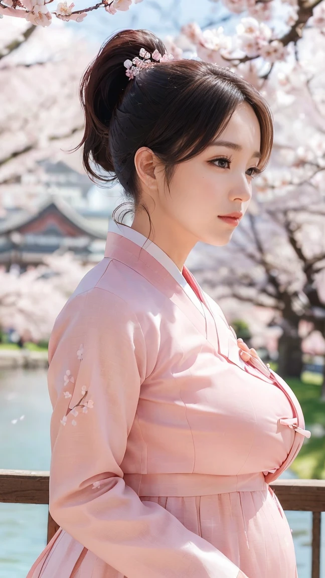 (best quality, 8K, masterpiece: 1.3), ((((((Incredibly huge breasts: 0.8))))), single ponytail, (beautiful face:1.3), Cherry blossoms are in full bloom, full of cherry blossoms, floating cherry blossom petals, very cool, authentic hanbok,pregnancy,