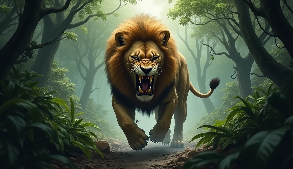 angry lion in the jungle with mouth open showing big teeth in the dark