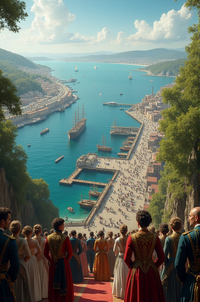 Crie uma imagem realista,de longe,of a large port with ships and the sea in the background,with a forest between the port,some men and women dressed in clothes of the Portuguese royal family from 1800 in the middle of the port