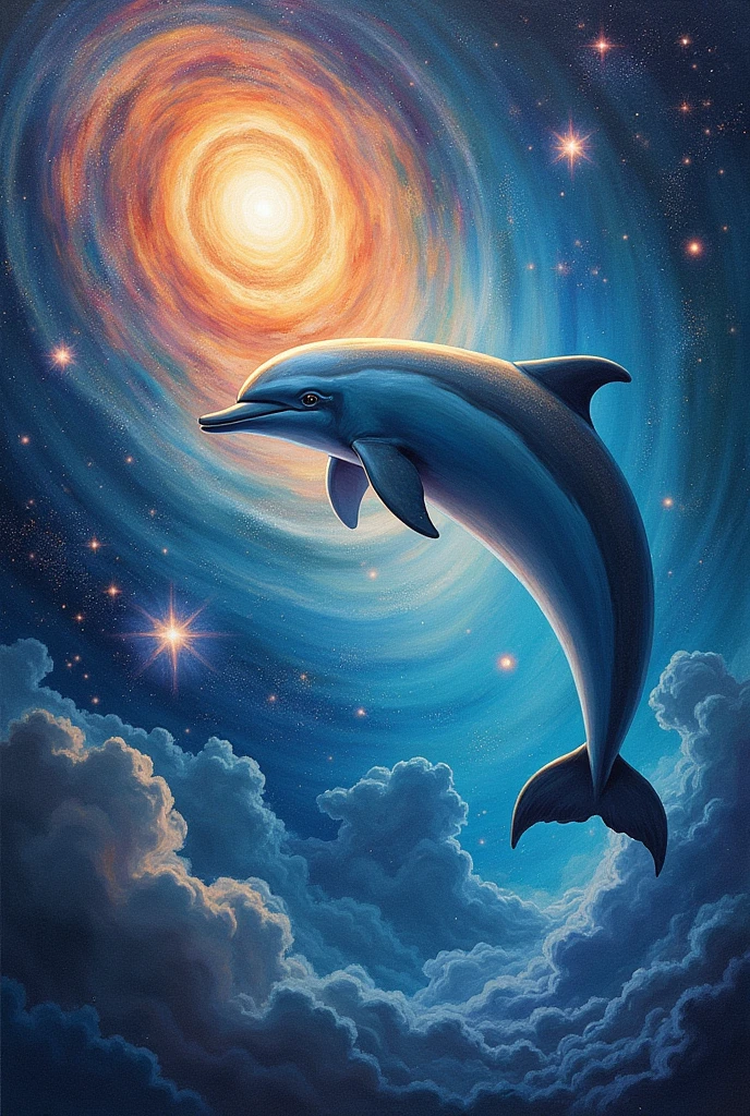 a dolphin as a supreme being flying through space among the galaxies in the form of a drawing, but the dolphin must be in the right corner of the image and must not be too big, the galaxy must be very colorful.