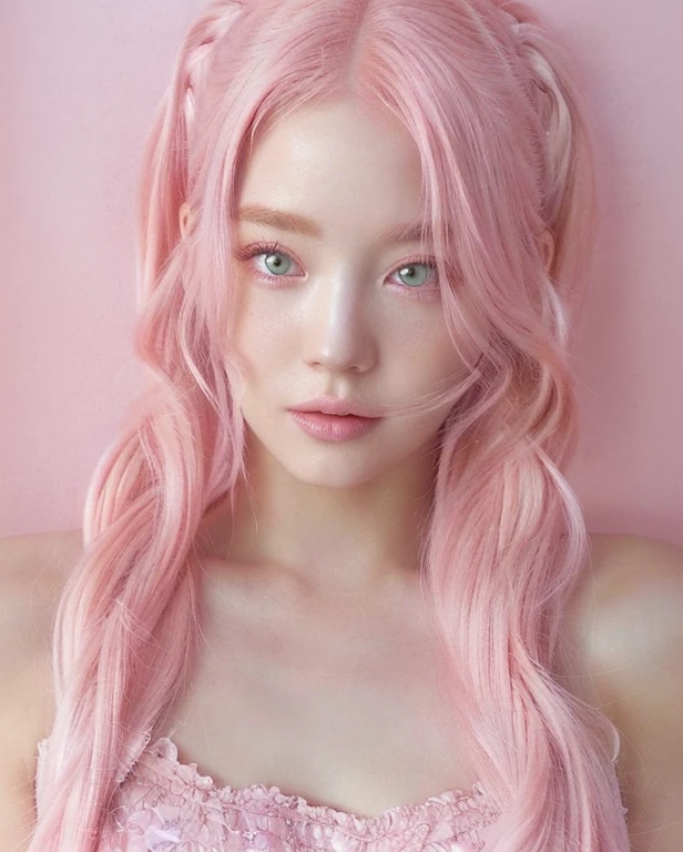 a closeup of a woman with pink hair and a pink dress, Pastel pink skin tone, pink girl, bubblegum hair, long bubblegum hair, thinning pink hair, light pink hair, long flowing pink hair, beautiful fantasy art portrait, pigtails hairstyle, flowing pink hair, long pink hair, bright pink face, curly pink hair, very long light pastel pink hair