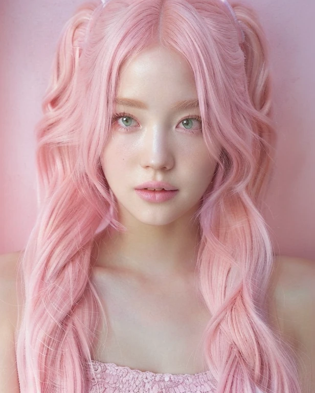 a closeup of a woman with pink hair and a pink dress, Pastel pink skin tone, pink girl, bubblegum hair, long bubblegum hair, thinning pink hair, light pink hair, long flowing pink hair, beautiful fantasy art portrait, pigtails hairstyle, flowing pink hair, long pink hair, bright pink face, curly pink hair, very long light pastel pink hair