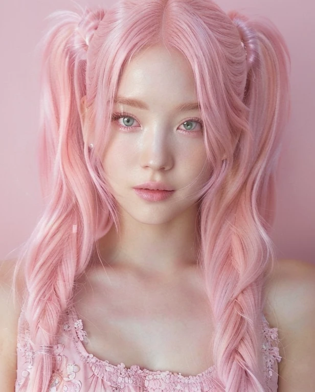 a closeup of a woman with pink hair and a pink dress, Pastel pink skin tone, pink girl, bubblegum hair, long bubblegum hair, thinning pink hair, light pink hair, long flowing pink hair, beautiful fantasy art portrait, pigtails hairstyle, flowing pink hair, long pink hair, bright pink face, curly pink hair, very long light pastel pink hair