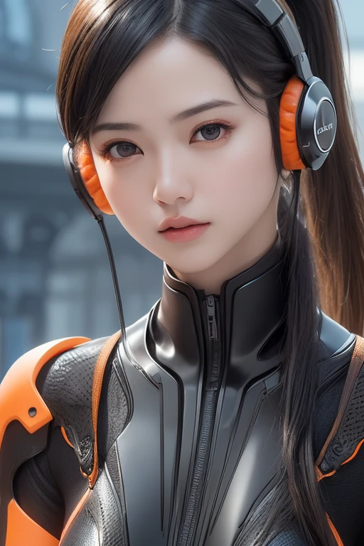 Top Quality, Masterpiece, Ultra High Resolution, (Photorealistic: 1.4), Raw Photo, 1 Girl, Black Hair, Glossy Skin, 1 Mechanical Girl, (((Ultra Realistic Details)), Portrait, Global Illumination, Shadows, Octane Rendering, 8K, Ultra Sharp, Intricate Ornaments Details, realistic skin, sweat effect, ((wearing Headphone)), very intricate detail, realistic light, CGSoation trend, brown eyes, glowing eyes, matte black and glossy orange mechanical bodysuit, Long hair, black hair, Ponytail hair, full body shot, spaceship bridge background, dynamic pose, sad, close up,