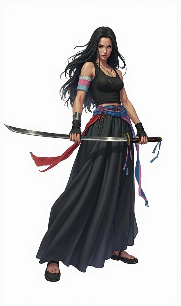 Black haired woman with a trans flag on her right arm holding a katana