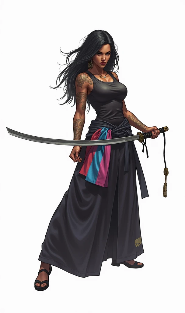 Black haired woman with a trans flag on her right arm holding a katana