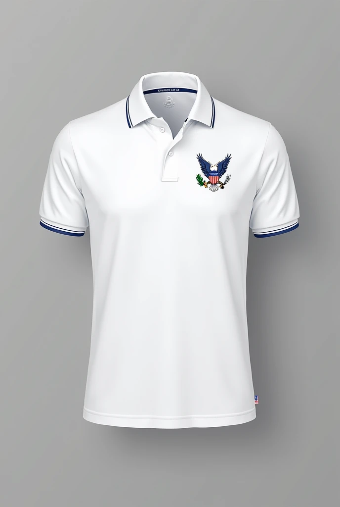 Make a polo shirt, that the main color is white, with white and blue details, short sleeve and have an eagle on the chest, on the heart side