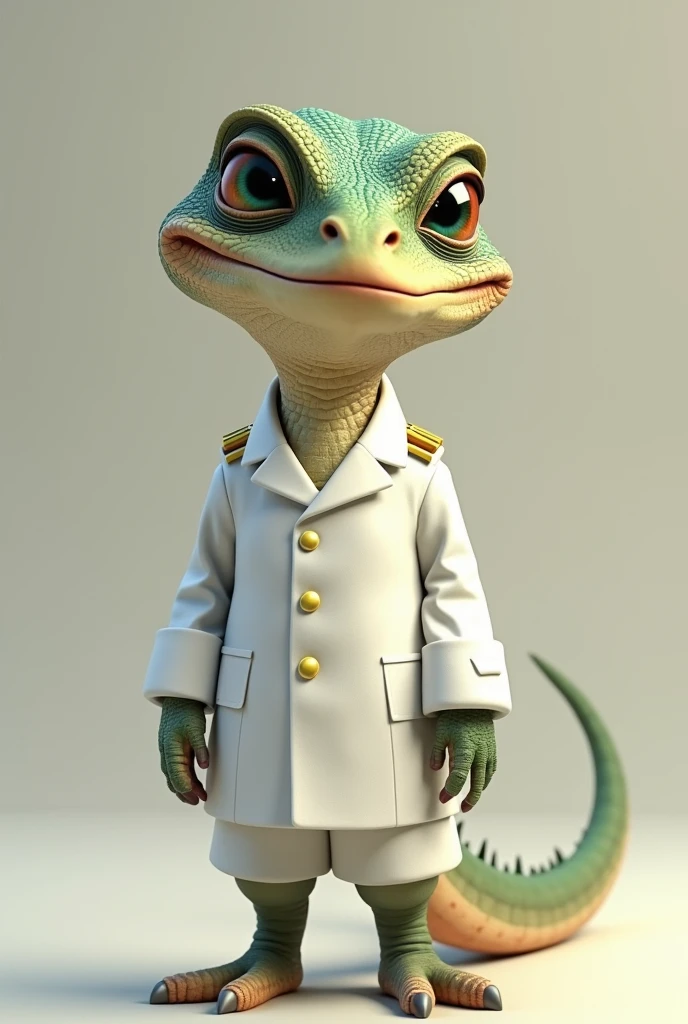 An animated old lizard in a white uniform