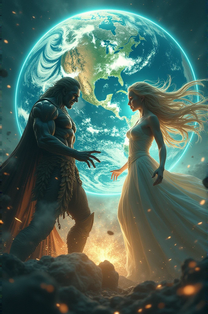 The earth and in the background the god of envy fighting against the goddess of creation
