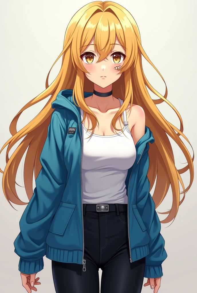 anime oc, woman with long, loose golden hair, honey-colored eyes, cut scar on her left eye, black pants, white tank top and blue jacket