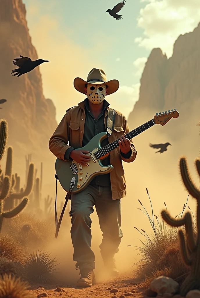 GAME cover wide photo, man with hockey mask with coboy hat standing with the electric guitar they are escaped from sandstrom. crow cactus and mountain