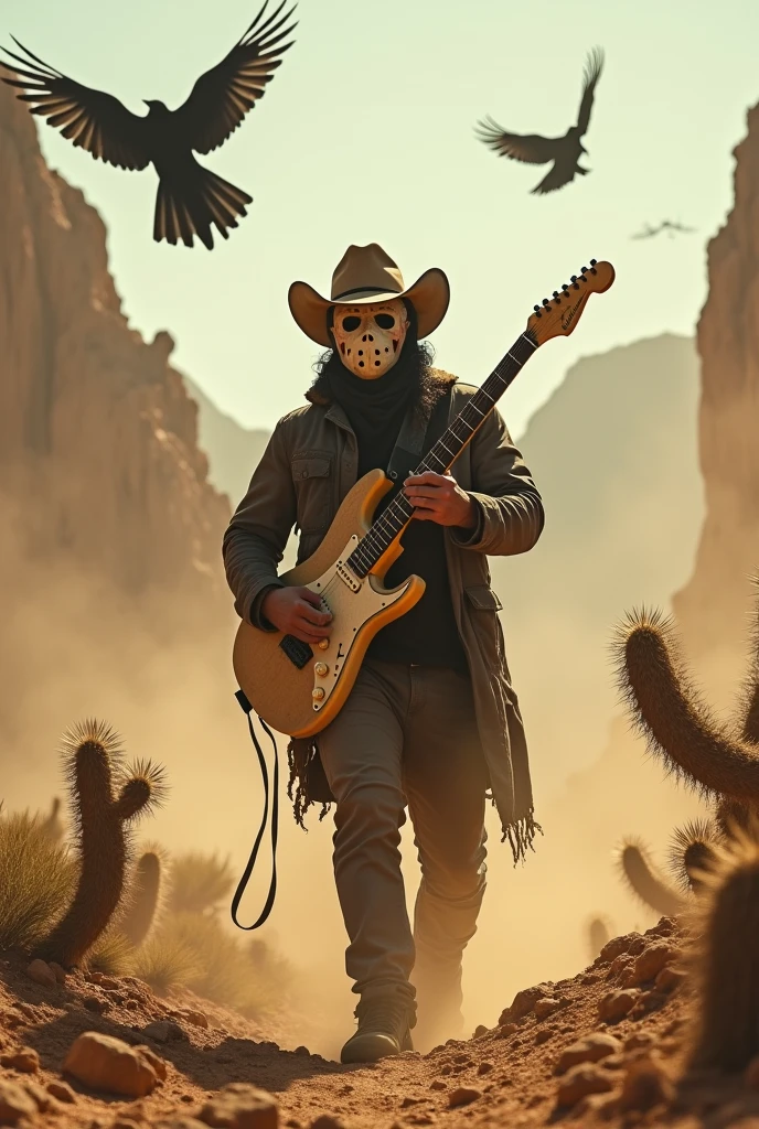 GAME cover wide photo, man with hockey mask with coboy hat standing with the electric guitar they are escaped from sandstrom. crow cactus and mountain
