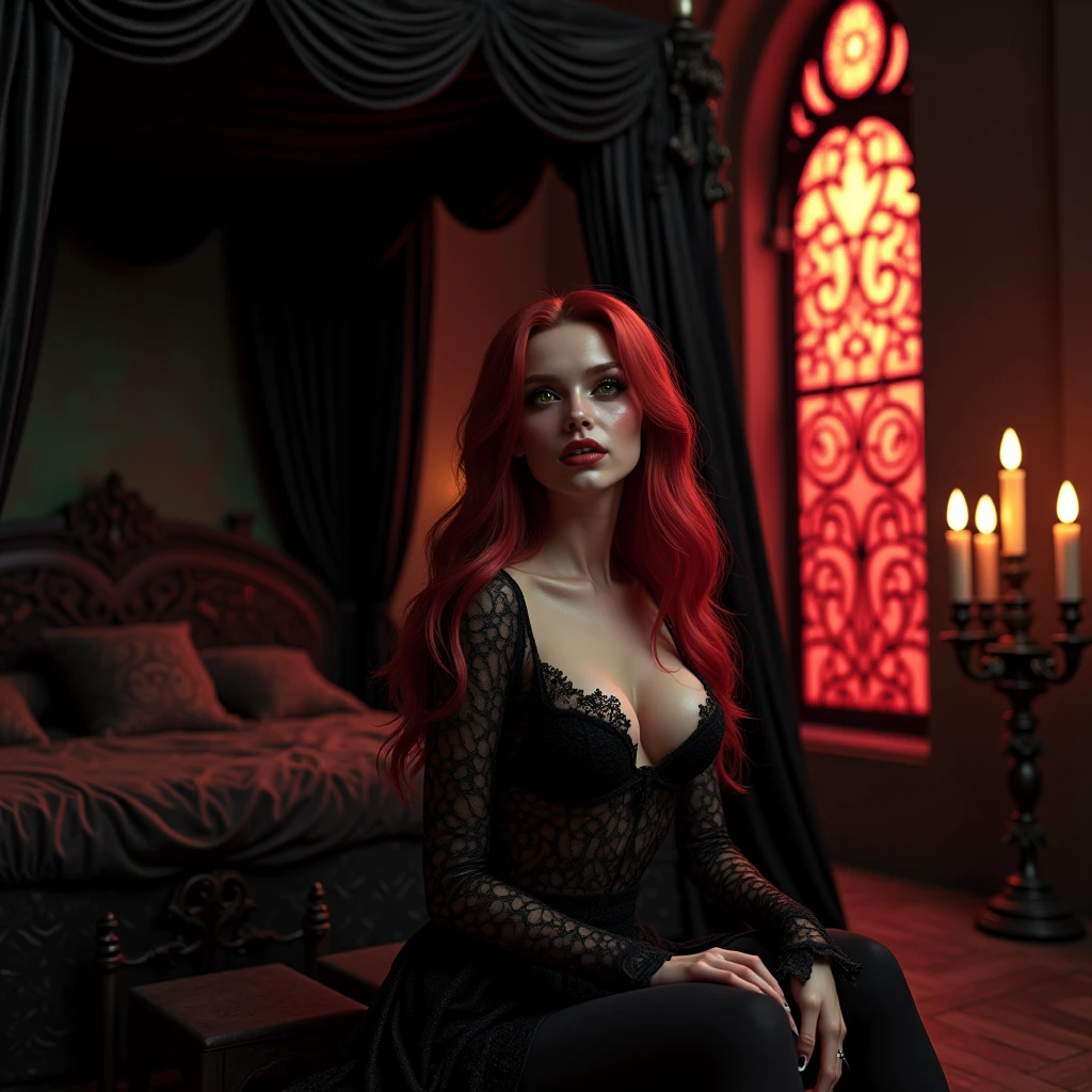 An extra wide angle on a big full room 16:9,(masterpiece Quality),(An ultra hot,1 female age 18),(random sexy, seducing poses),(full body:2.0),(nude),(realistic,fine detailed ultra-thick,long, bright,vibrant,blood red,shimmering:2.0 hair),(extra large,high contrast,green:0.9, bright yellow:0.1 eyes),(extra long,thick,dark eyelashes),(blood red,plump lips),(stunning, pearl white teeth),(,beautiful eyes),(detailed hands,realistic long monsters claws on 5 fingers each hand:2.0)best quality body,wide hips,Big breasts, natural nipples,big ass,(glowing skin:1.2),(2 perfect legs:1.1),front view,(Look at me),a serious, direct gaze at the camera,(best quality,16k,highres,insanely detailed interior design of a vampire lair in dark gothic medieval style),(royal canopy four-poster bed, black-matte velvet drapes 16k),(a single2.0,stained glass window to the right,vibrant red:1.1,green:0.9 colored,detailed intricate patterns,architectural element,dark and mysterious atmosphere, night scene), flickering candlelight,medieval-style candelabrum,(rich, deep black, base color,stunning play of very, low light and shadow in the night:2.0),(all in wide room spectrum:2.0).#The entire setup is masterpiece 1:3 framed with the grandeur of royal,medieval gothic style, focus on entire room 16k#