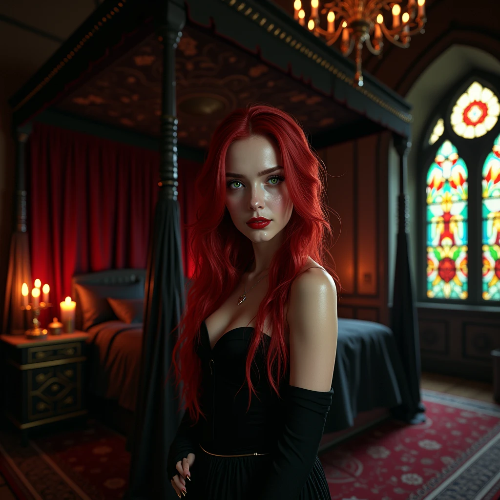 An extra wide angle on a big full room 16:9,(masterpiece Quality),(An ultra hot,1 female age 18),(random sexy, seducing poses),(full body:2.0),(nude),(realistic,fine detailed ultra-thick,long, bright,vibrant,blood red,shimmering:2.0 hair),(extra large,high contrast,vibrant,green:0.9, yellow:0.1 eyes),(extra long,thick,dark eyelashes),(blood red,plump lips),(stunning, pearl white teeth),(,beautiful eyes),(detailed hands,realistic long monsters claws on 5 fingers each hand:2.0),stunningbody,Big breasts, natural nipples,(glowing skin:1.2),(2 perfect legs:1.1),front view,(Look at me),a serious, direct gaze at the camera,(best quality,16k,highres,insanely detailed interior design of a vampire lair in dark gothic medieval style),(royal canopy four-poster bed, black-matte velvet drapes 16k),(1 stained glass window to the right,vibrant red:1.1,green:0.9 colored,detailed intricate patterns,architectural element,dark and mysterious atmosphere, night scene), flickering candlelight,medieval-style candelabrum,(rich, deep black, base color,stunning play of very, low light:1.6 and shadow,night:2.0),(all in wide room spectrum:2.0).#The entire setup is masterpiece 1:3 framed with the grandeur of royal,medieval gothic style, focus on entire room 16k#