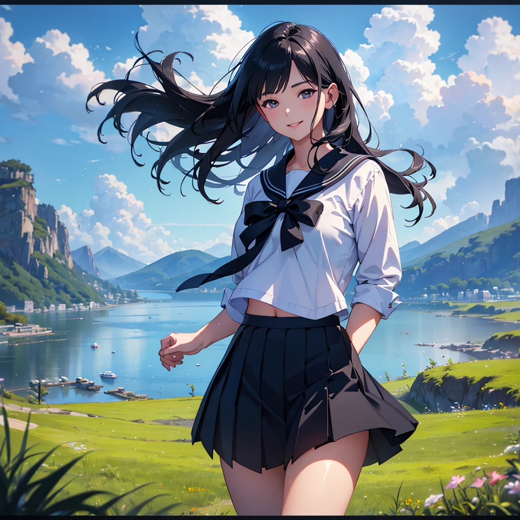 1girl, beautiful young girl, sailor suit, pleated skirt, long black hair, smiling, dynamic pose, rural scenic landscape, blue sky, cumulonimbus clouds, (best quality,4k,8k,highres,masterpiece:1.2),ultra-detailed,(realistic,photorealistic,photo-realistic:1.37),HDR,UHD,studio lighting,ultra-fine painting,sharp focus,physically-based rendering,extreme detail description,professional,vivid colors,bokeh,landscape