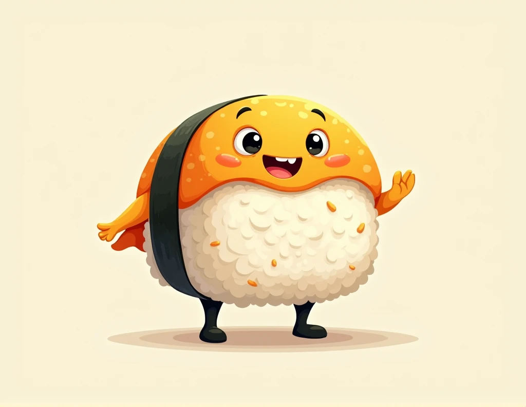 Create a 2d sushi that has feet and is standing, happy and have yellow tones, black and white