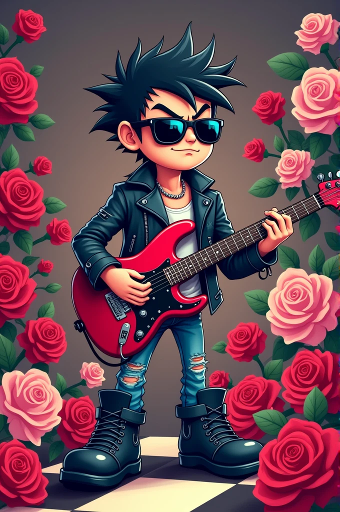 Cartoon chess pawn with rockstar clothes, messy hair, sunglasses and electric guitar surrounded by roses