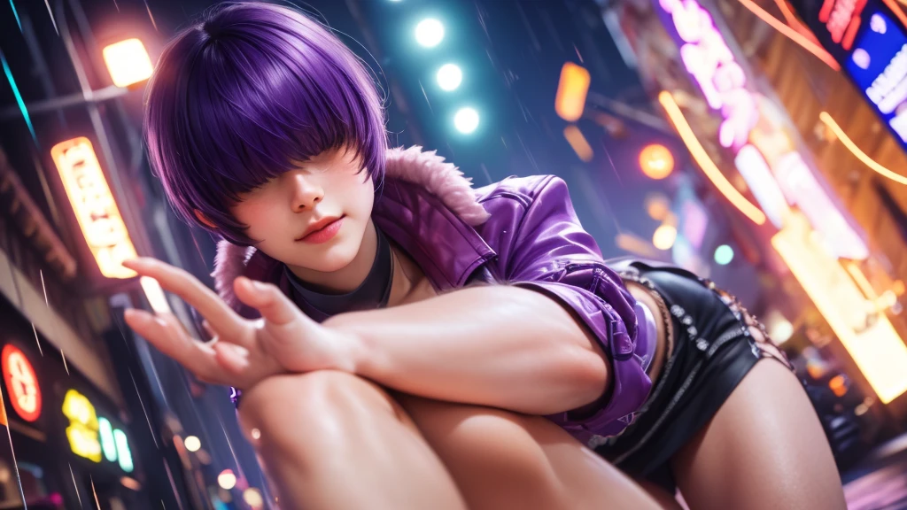 (at night), alone, in a video game scene a background of a beautiful city during the day raining, standing at attention, purple hair, ((purple hair)), 1 girl, alone, 20 years old, young woman, perfect hands , beautiful and perfect symmetrical fingers, beautiful long legs, perfect legs, beautiful body, beautiful nose, beautiful character design, perfect face, look at the viewer (focusing on the entire character), closed mouth, Light_Smile, official art, wallpaper Extremely detailed CG unity 8k, perfect lighting, bright and colorful front lighting, glowing skin (masterpiece: 1.0), (best quality: 1.0), ultra high resolution, 4K, ultra detailed photography, 8K, HDR, high resolution, nonsense: 1.2, Kodak portra 400, film grain, blurred background, bokeh: 1.2, lens flare, (vibrant_color: 1.2), professional photography, (beautiful_face: 1.5), (narrow waist),
