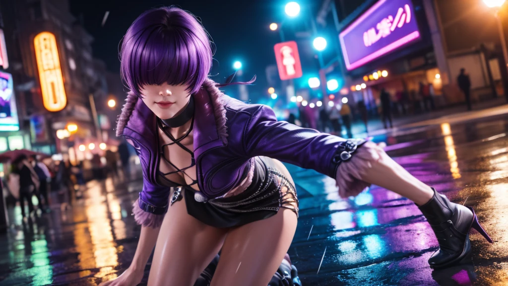(at night), alone, in a video game scene a background of a beautiful city during the day raining, standing at attention, purple hair, ((purple hair)), 1 girl, alone, 20 years old, young woman, perfect hands , beautiful and perfect symmetrical fingers, beautiful long legs, perfect legs, beautiful body, beautiful nose, beautiful character design, perfect face, look at the viewer (focusing on the entire character), closed mouth, Light_Smile, official art, wallpaper Extremely detailed CG unity 8k, perfect lighting, bright and colorful front lighting, glowing skin (masterpiece: 1.0), (best quality: 1.0), ultra high resolution, 4K, ultra detailed photography, 8K, HDR, high resolution, nonsense: 1.2, Kodak portra 400, film grain, blurred background, bokeh: 1.2, lens flare, (vibrant_color: 1.2), professional photography, (beautiful_face: 1.5), (narrow waist),