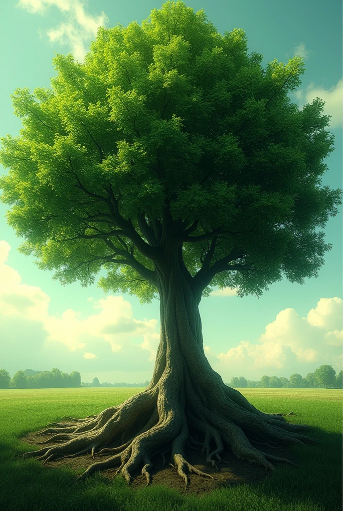 (best quality, 4k, 8k, high resolution, masterpiece: 1.2), ultra-detailed, realistic, portraits, beautiful, artistic, emerald, dense, abundant shadow, ethereal, vibrant, serene, tranquil, proud, masterpiece photo, farm in the background, leafy tree, branches, leaves, roots, B+A marked on the trunk, root bank, stylus