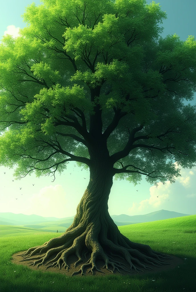 (best quality, 4k, 8k, high resolution, masterpiece: 1.2), ultra-detailed, realistic, portraits, beautiful, artistic, emerald, dense, abundant shadow, ethereal, vibrant, serene, tranquil, proud, masterpiece photo, farm in the background, leafy tree, branches, leaves, roots, B+A marked on the trunk, root bank, stylus