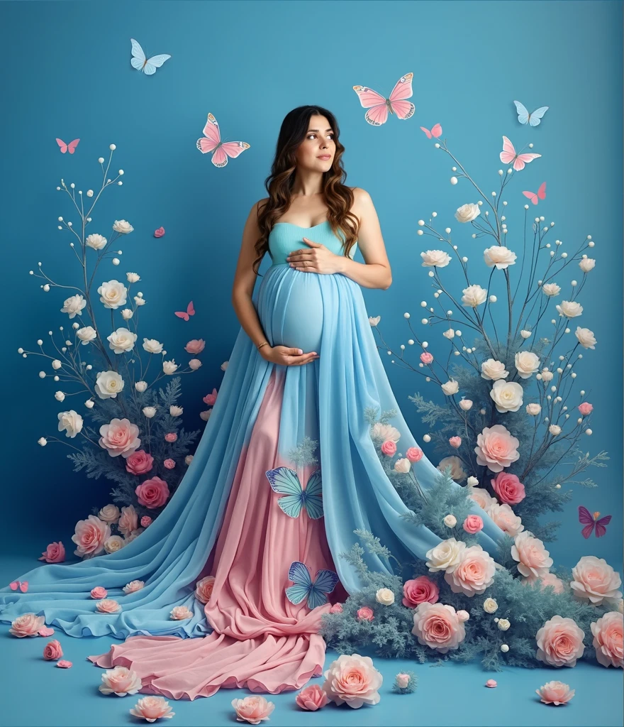 pregnant woman in a blue dress surrounded by flowers and butterflies, a colorized photo by Elena Guro, shutterstock, conceptual art, blue and pink colors, blue and pink, blue and pink color scheme, cyan photographic backdrop, pink and blue colour, pink and blue colors, flowing gown, pastel blues and pinks, lady with glowing flowers dress, pink and blue