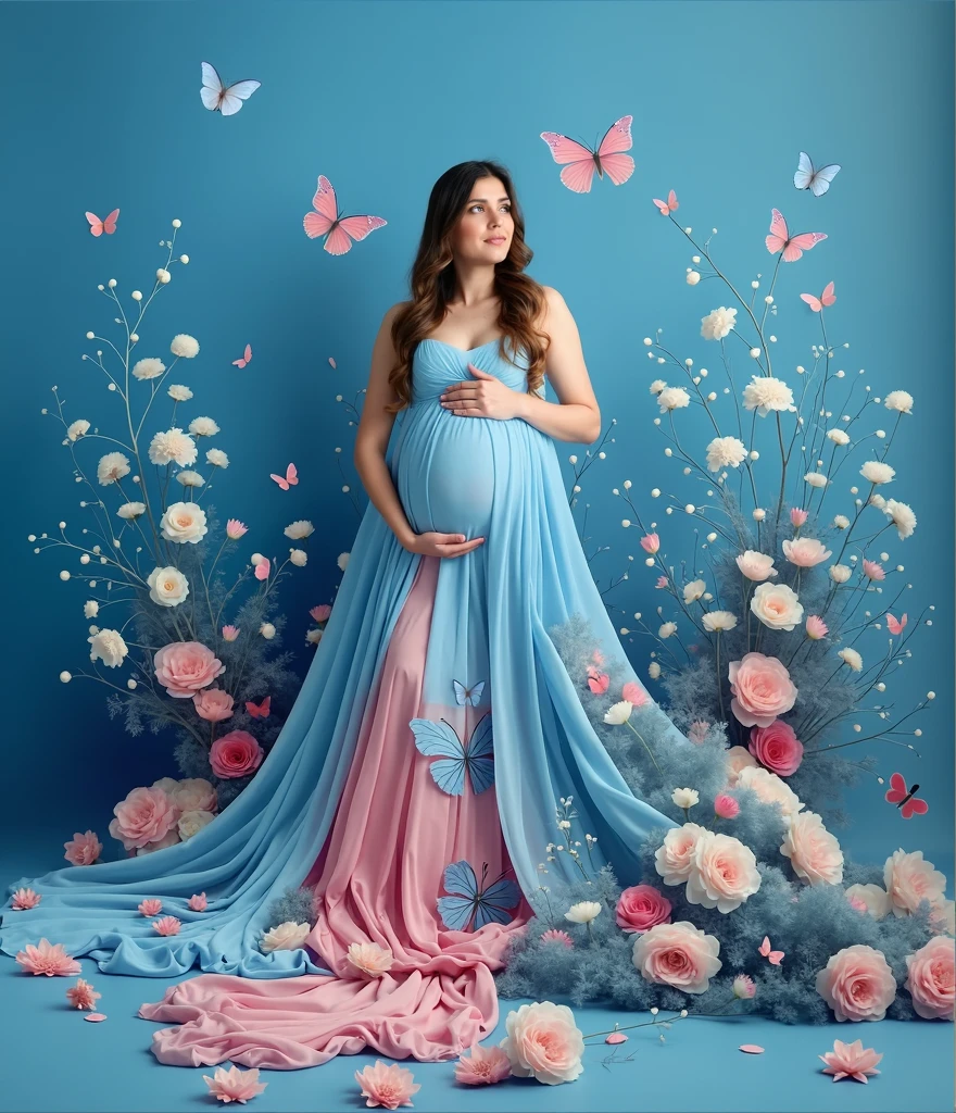 pregnant woman in a blue dress surrounded by flowers and butterflies, a colorized photo by Elena Guro, shutterstock, conceptual art, blue and pink colors, blue and pink, blue and pink color scheme, cyan photographic backdrop, pink and blue colour, pink and blue colors, flowing gown, pastel blues and pinks, lady with glowing flowers dress, pink and blue