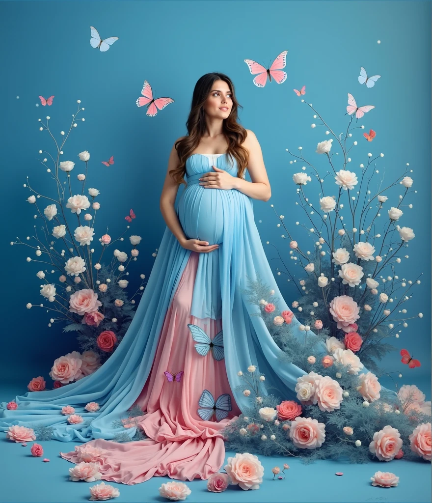 pregnant woman in a blue dress surrounded by flowers and butterflies, a colorized photo by Elena Guro, shutterstock, conceptual art, blue and pink colors, blue and pink, blue and pink color scheme, cyan photographic backdrop, pink and blue colour, pink and blue colors, flowing gown, pastel blues and pinks, lady with glowing flowers dress, pink and blue