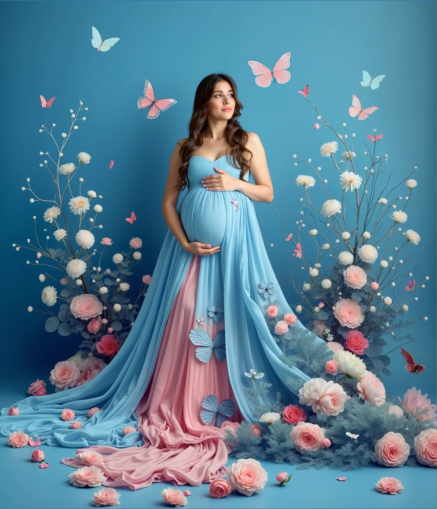 pregnant woman in a blue dress surrounded by flowers and butterflies, a colorized photo by Elena Guro, shutterstock, conceptual art, blue and pink colors, blue and pink, blue and pink color scheme, cyan photographic backdrop, pink and blue colour, pink and blue colors, flowing gown, pastel blues and pinks, lady with glowing flowers dress, pink and blue