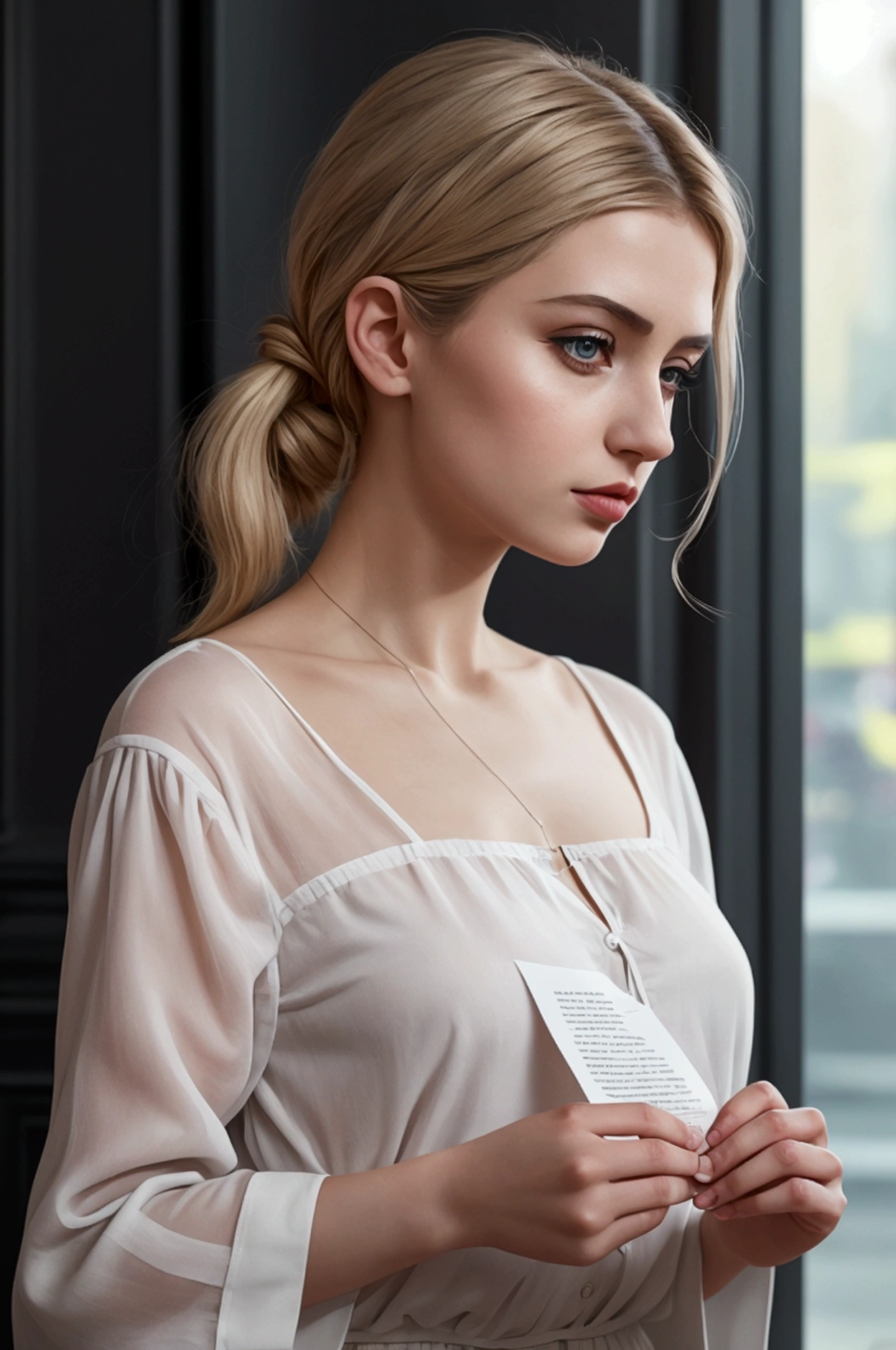there is a woman holding a piece of paper with a message on it, a hyperrealistic painting inspired by Lili Árkayné Sztehló, reddit, tachisme, anna nikonova aka newmilky, ekaterina, maia sandu hyperrealistic, profile image, 8k)), small lips pointy nose, aleksandra waliszewska