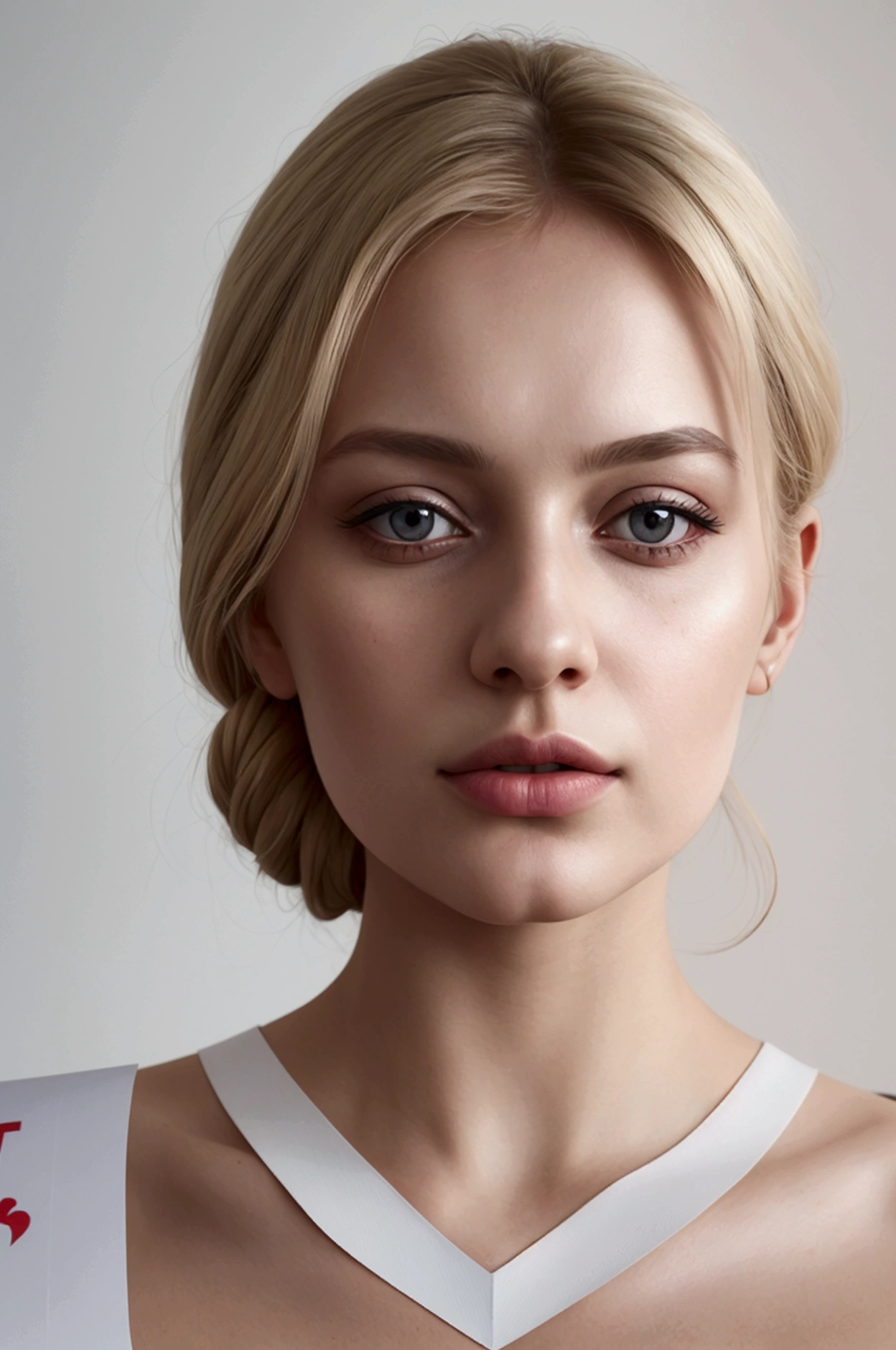 there is a woman holding a piece of paper with a message on it, a hyperrealistic painting inspired by Lili Árkayné Sztehló, reddit, tachisme, anna nikonova aka newmilky, ekaterina, maia sandu hyperrealistic, profile image, 8k)), small lips pointy nose, aleksandra waliszewska