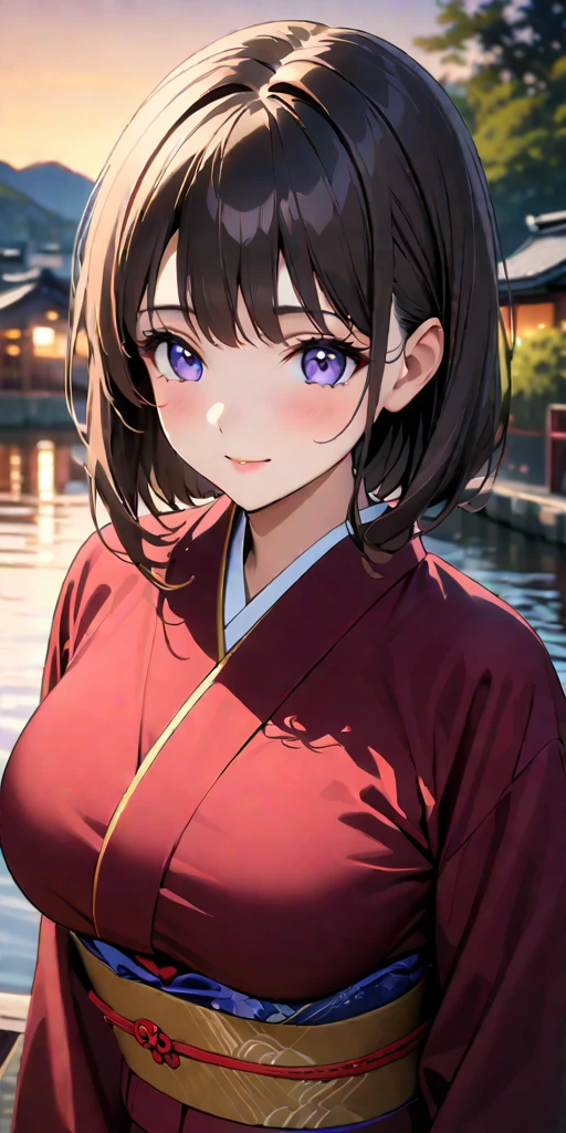 ((Highest quality、masterpiece、anime style、best quality、high resolution、8k、detailed、ultra-detailed:1.3))、Long legs:1.2, Beautiful woman with perfect figure:1.4、(Smiling:1.2), double eyelid、30-year-old female、((((One Woman,beautiful face,Beautiful face、Japanes,Japan,Riverside、Kyoto、kimono、 night,upper body:1.5)))),Big Breasts、High resolution, accurate, Anatomically correct, Winner of numerous awards, High-resolution model, high quality, Very detailed, Ultra high definition, Textured skin